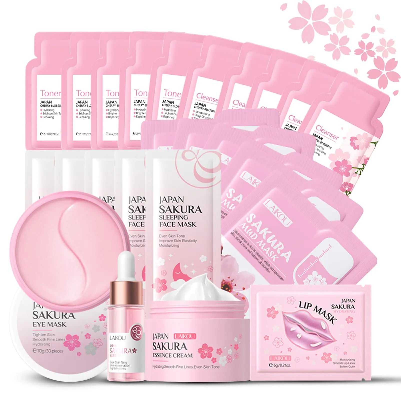 Skincare Set for Teenage Girls Japan-Sakura Skin Care Products Set Skin Care Sets & Kits Cleanser Toner Serum Cream Sleep MaskEye MaskMud MaskLip Mask Beauty Products Daily Face Care 24PCS