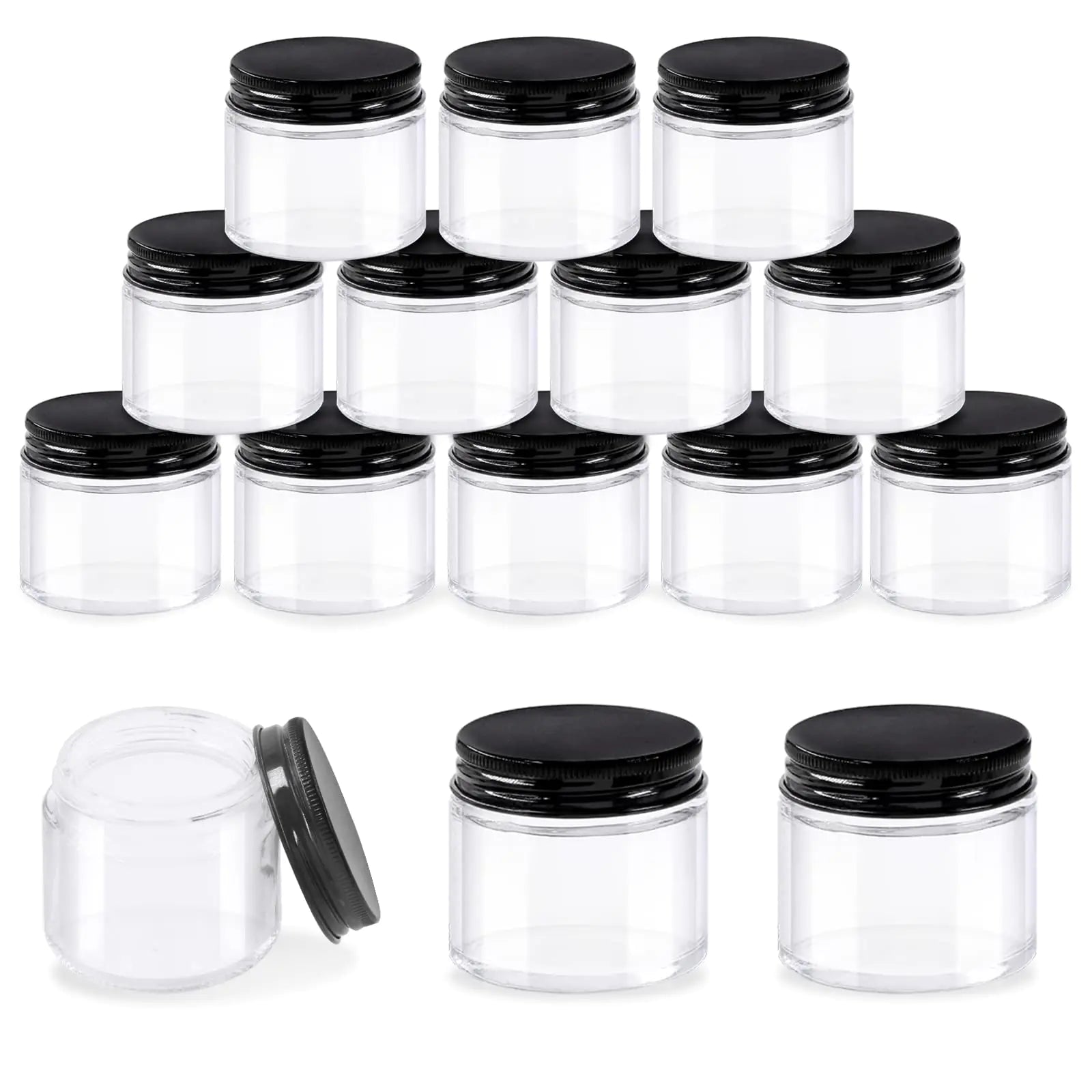 Glarks 15 Pack 2oz Glass Jars with Lids Round Clear Glass Jars with Inner Liner and Black Lids for Storing Creams Beauty Products Cosmetic and Ointments